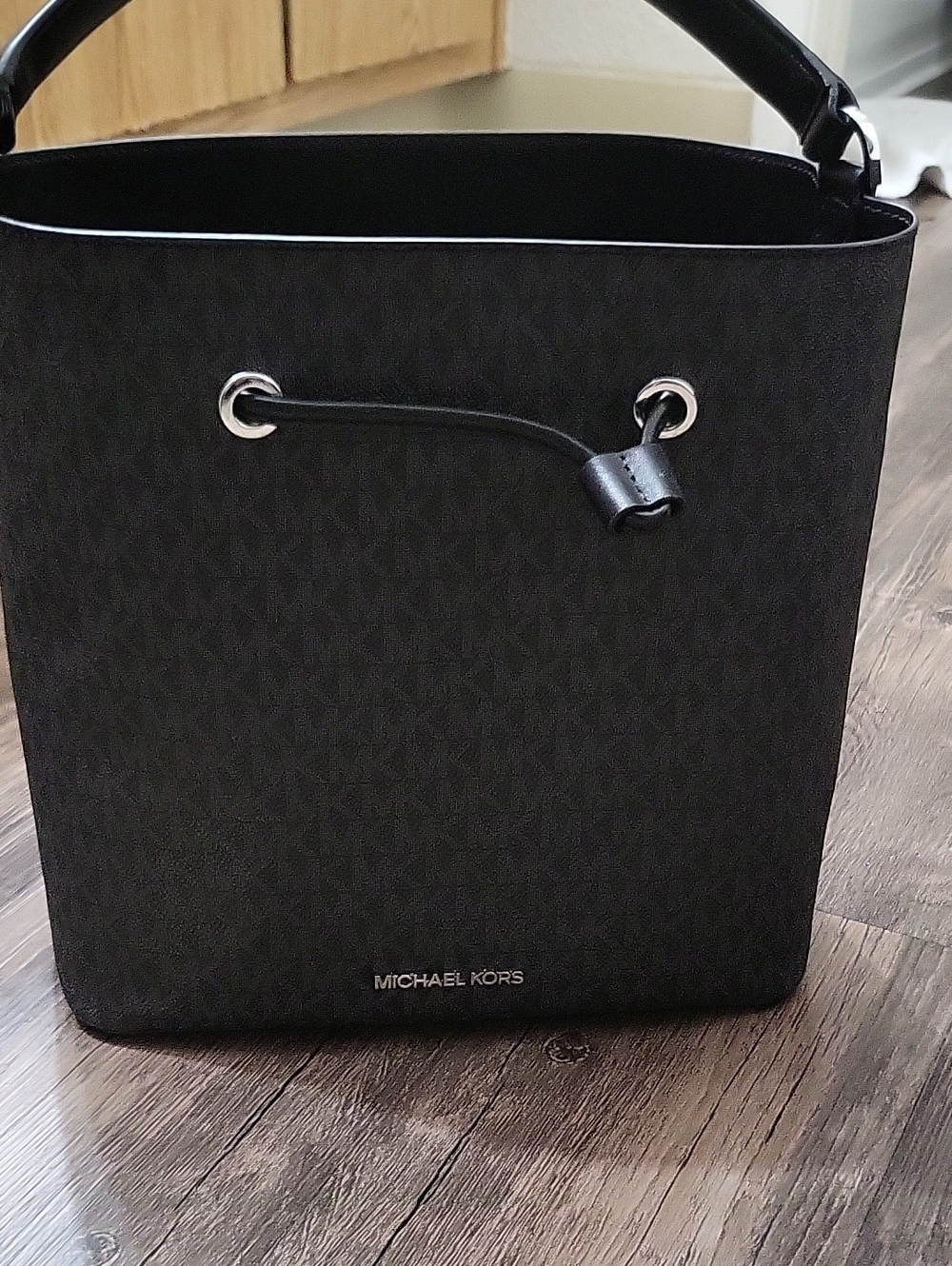 Michael Kors Black Logo-Print Drawstring Bucket Bag
